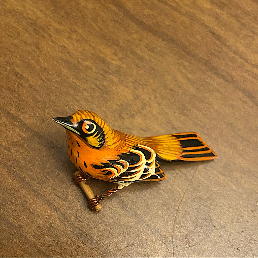 Vintage Takahashi Bird Pin Brooch, Thrush, Japanese Hand Painted & Carved.